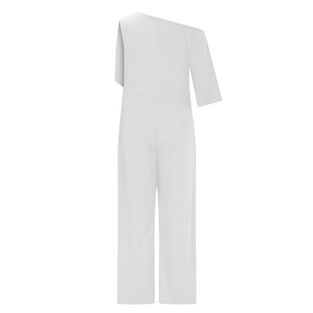 Summer Jumpsuit for Women Solid Color Sloping Shoulder One Piece Wide Leg  Jumpsuits Ladies Casual Romper 