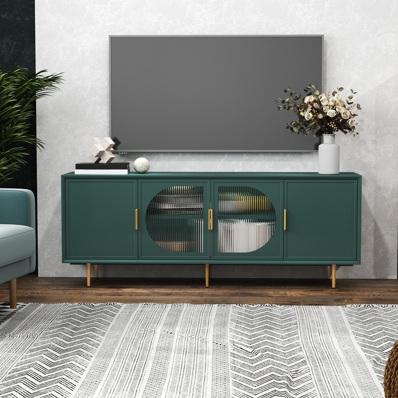 HLR 66" Modern TV Stand with Glass Storage, Green photo 6