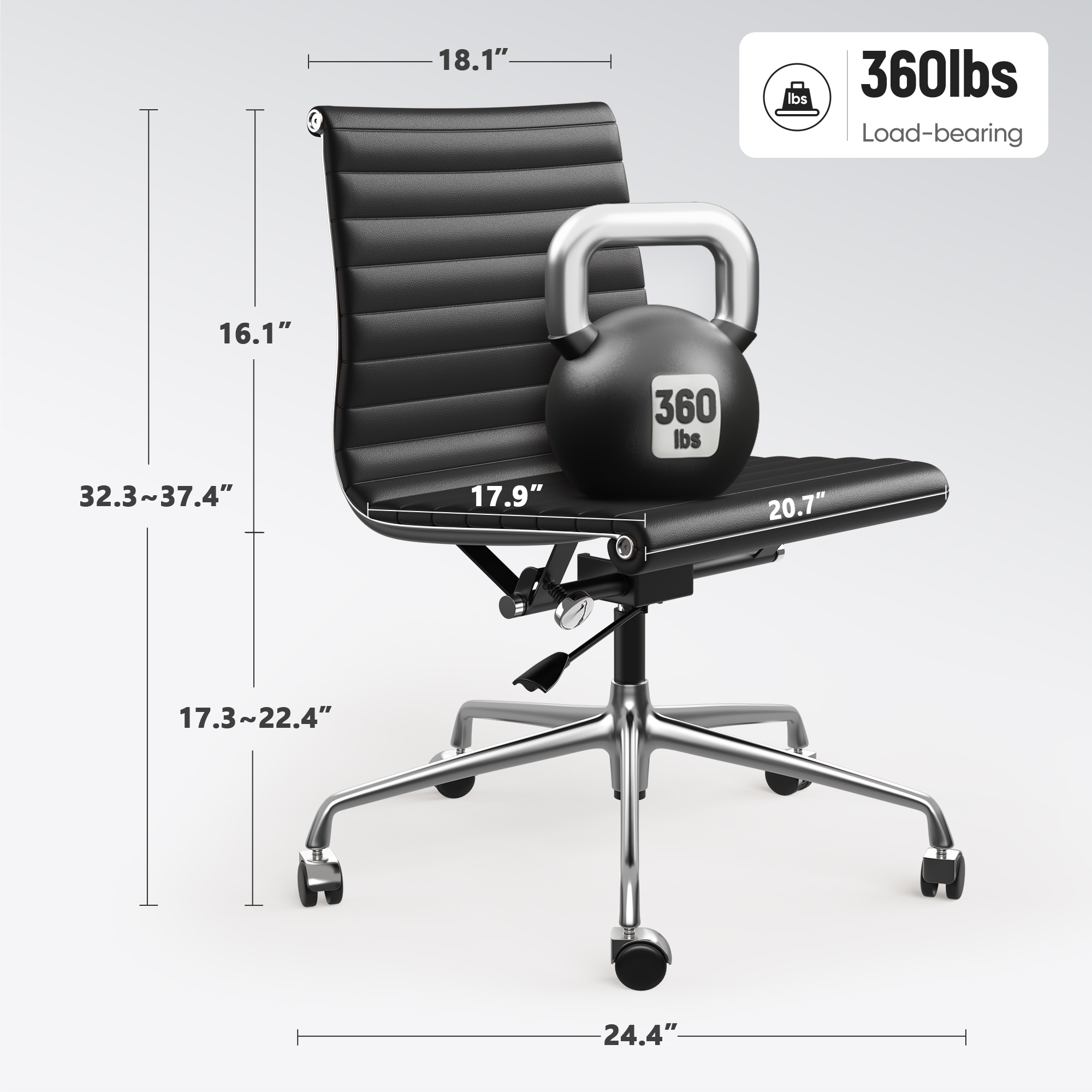Raffle Pinker Ribbed Genuine Leather Office Desk Chair Mid Back Armless Executive Conference Room Chair Adjustable Computer Chair Swivel Chair for Home Office, Black