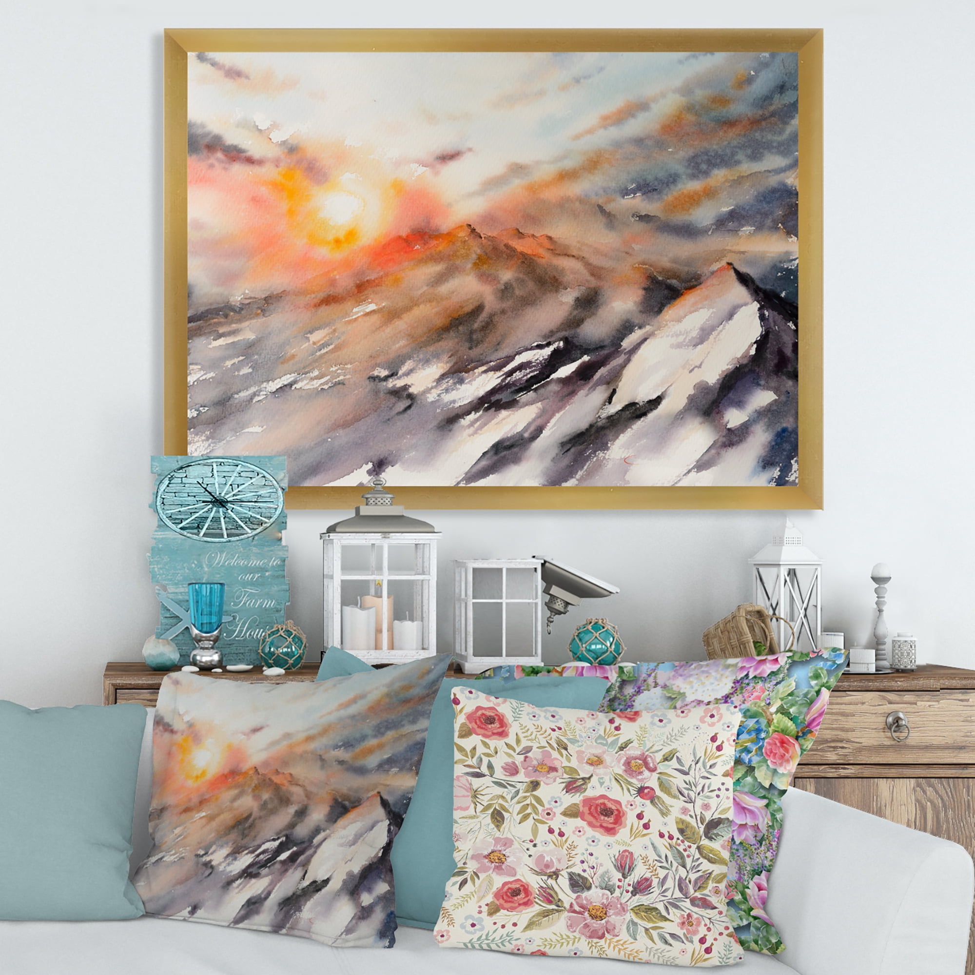 Designart 'Majestic Sunset Glow on The Mountains Landscape' Traditional Framed Art Print