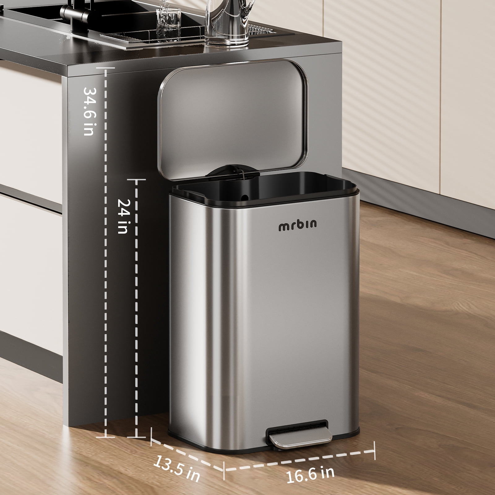 Mrbin Stainless Steel Large Kitchen Trash Can 13 Gallon, Commercial Office Garbage Can Step with Lid, 50 Liter Metal Waste Basket for Restroom, Garage, Bathroom