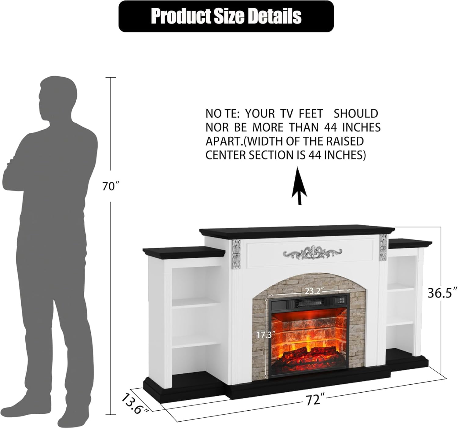 BOSHIRO 72 " Farmhouse Electric Fireplace with Mantel, White TV Stand for TVs Up to 80 Inch, Modern Entertainment Center Accent Furniture, Stacked Stone Surround, 23" Red Brick Fireplace Insert