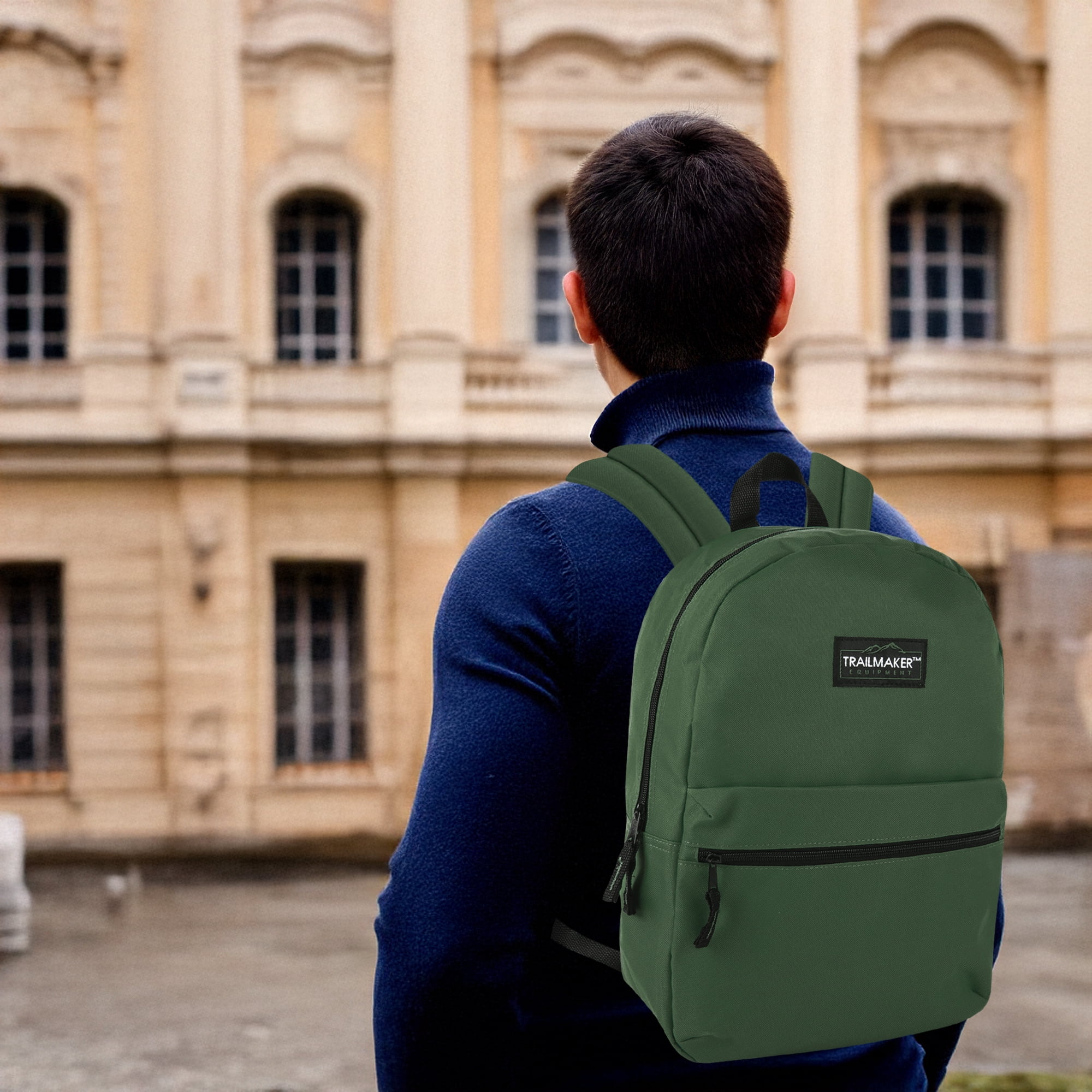 Classic Solid Color 17 Inch Backpack with Front Zipper Accessory Pocket, Dual Zipper Closure & Padded Shoulder Straps for Work, Office, Gym, Sports, Travel, Commute & Recreation in Hunter Green