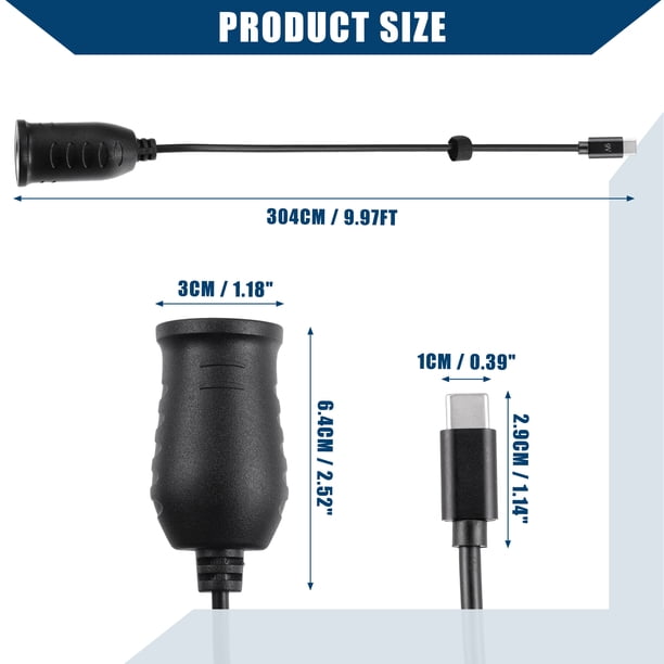 9v cigarette lighter adapter Unique Bargains 9V 304cm Cigarette Lighter Adapter USB Type C Cigarette Lighter Converter Cable for Car RV Black