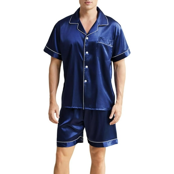 SMZ Mens Satin Pajamas Set Short Sleeve Button Down Sleepwear Silk Lounge Set Soft Two Piece PJs with Pockets