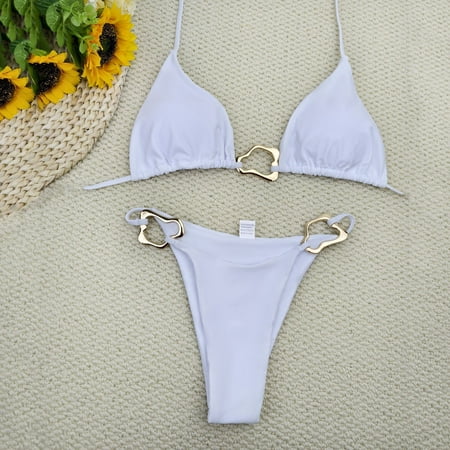 Jjayotai No Boundaries Bikini Sets for Women  Thong Cheeky Two Piece Swimsuit  Ring Linked Halter Push Up Sexy Bathing Suits  Women s Swimwear White~ L