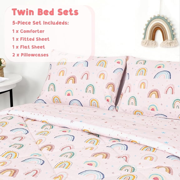 Toddler Bedding Set Twin Size 5 Piece Cute Rainbow Comforter Set for Girls Soft Microfiber