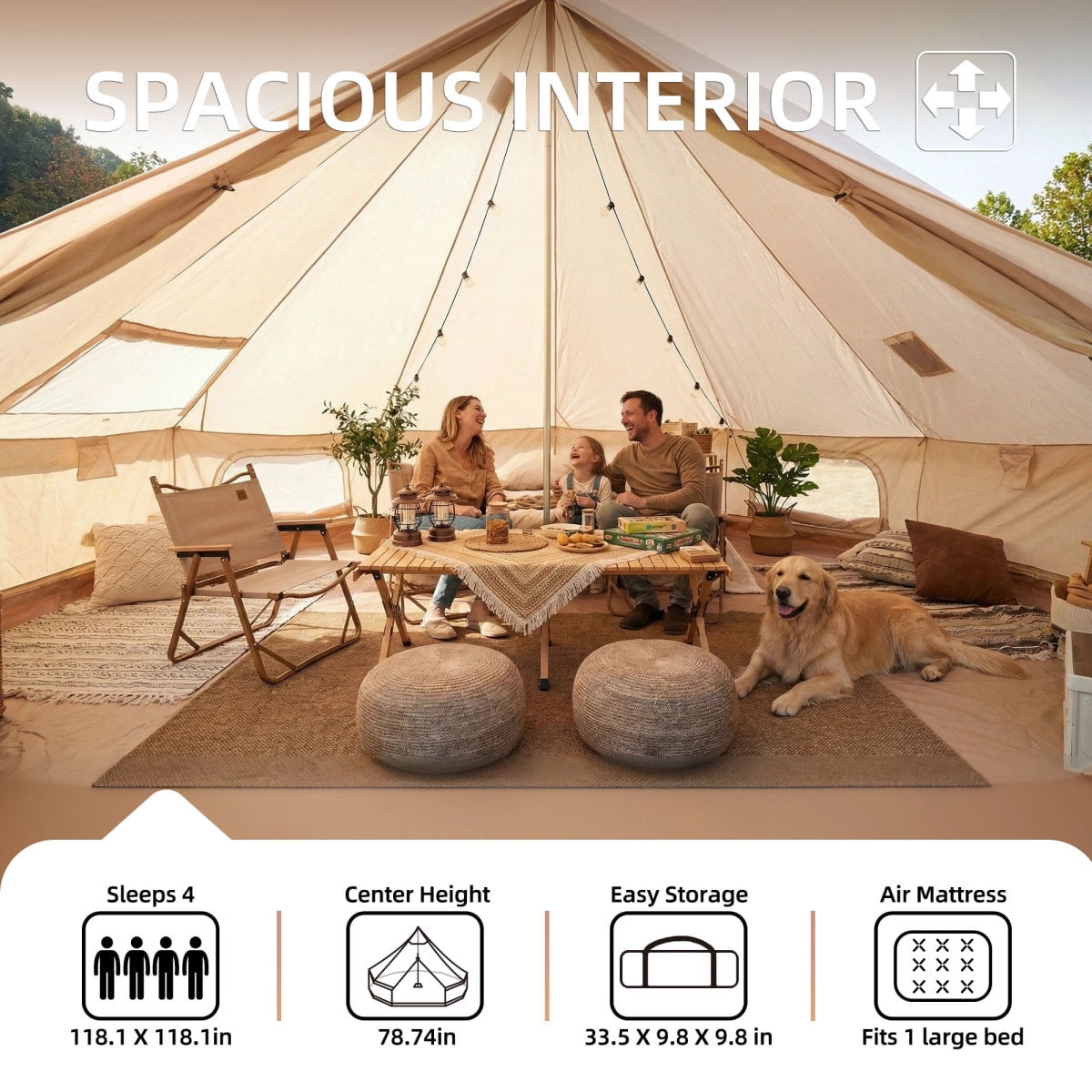 LuckyNote 4 Season Bell Tent 9.8 FT, Beige Waterproof Glamping Yurt Tent with Stove Jack, Fits 4 People Family Camping, Beige