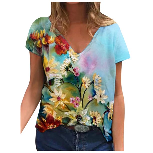 Moda Mujer Cuello en V Manga corta Impresión Jersey Blusas sueltas Tops Camiseta OAVQHLG3B Store lin121212