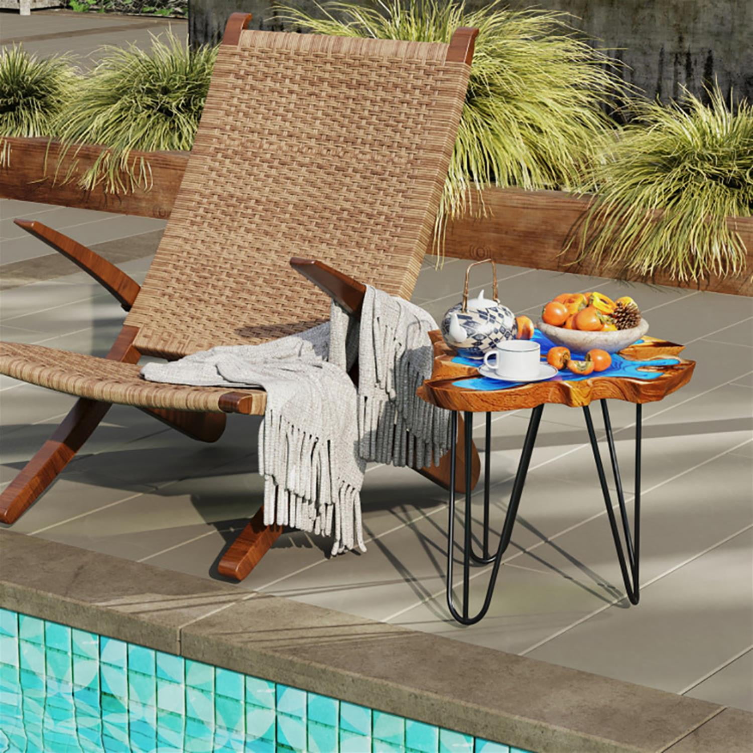 Demi Bonn Teak Wood Sofa Side Table, Outdoor Irregular End Table with Epoxy Resin Tabletop for Small Spaces, Living Room, Bedroom, Brown