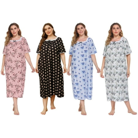 

Women Nightdress Loungewear Dress Floral Print Short Sleeve Long Sleepwear XL-4XL