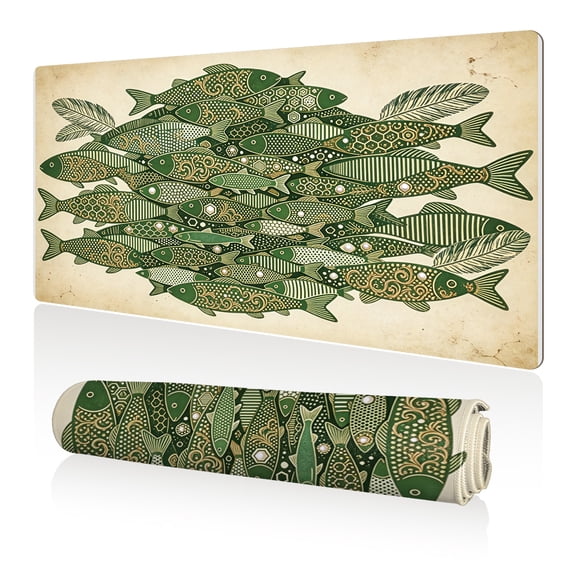 LIVEKEY Mouse Pad 80x40cm Extra Large Non Slip Stitched Edges Full Coverage Durable Easy Clean Green Fish Pattern Art for Gaming Office
