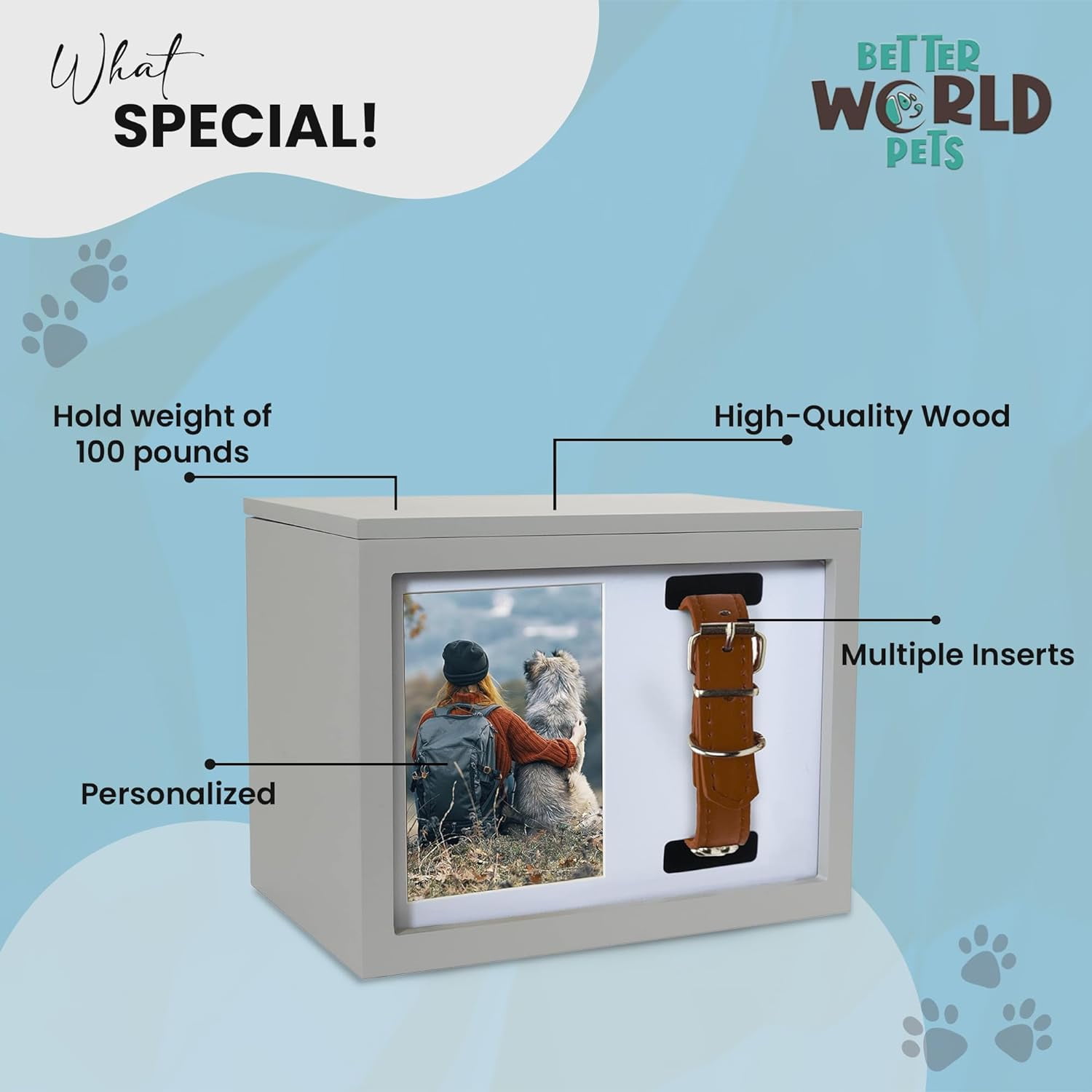 Better World Pets Urn and Keepsake Box Memorial, 4"x6" Photo Frame Holds with Collar Display, Cats and Dogs Picture Frame, Gray