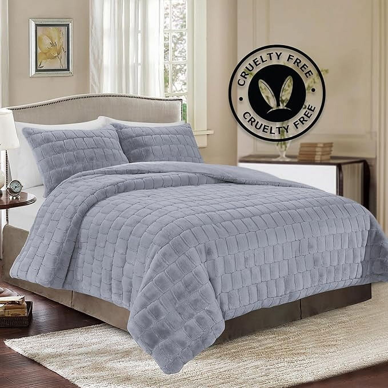 Elegant Comfort Bedding Set 3-Piece Faux Rabbit Fur Comforter Set - All Season Warm Down Alternative , Plush Micro-Mink 3PC Bedding Set with Matching Shams, King, Gray
