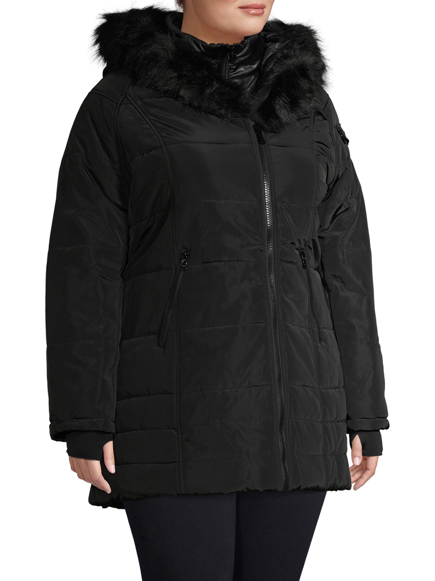 asymmetrical puffer coat with fur hood