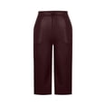 thumbnail image 4 of Women’s Faux Leather Capri Pants Elastic High Waist with Zipper & Button Closure, Loose Straight Wide Leg Cropped Trousers with Pockets Wine, 4 of 9