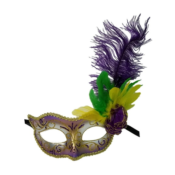 Purple Gold Yellow Green Mardi Gras Feather Flower Masquerade Mask