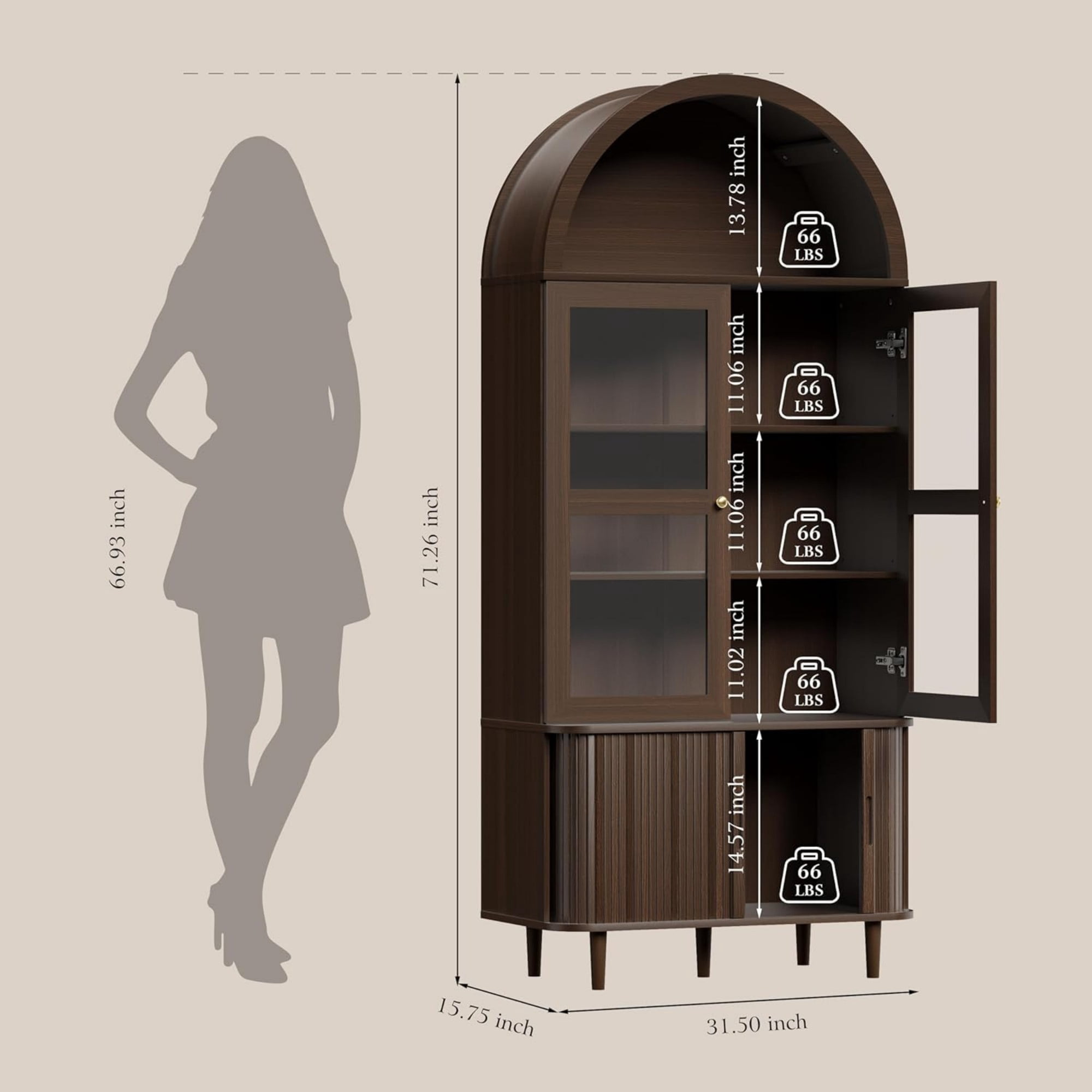 71 Inch Arched Cabinet with Glass Sliding Doors, Fluted Tall Pantry Cabinet with Adjustable Shelves, Coffee