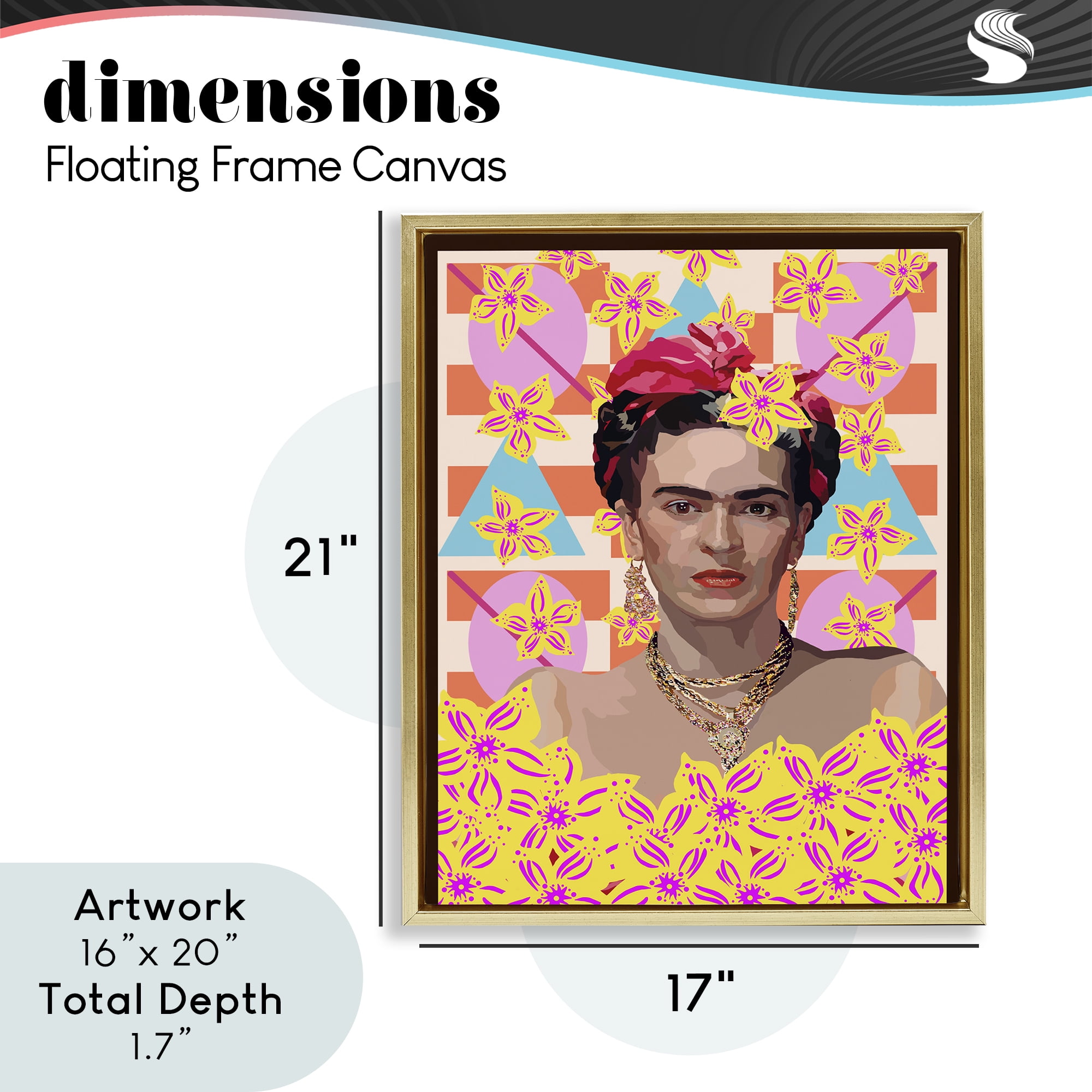 Frida's Floral Journey Gold Framed Floater Canvas Wall Art, design by Lynnda Rakos