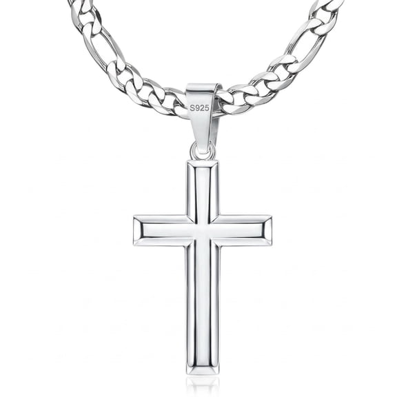925 Sterling Silver Cross Necklace for Men Women with Beveled Edge – 5mm Stainless Steel Diamond-Cut Durable Figaro Link Chain, Silver Crucifix Pendant Necklaces Jewelry with Gift Box, 16-30''