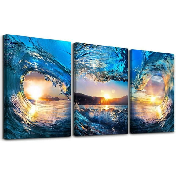 Sunrise Ocean Waves Canvas Wall Art For Living Room Bedroom Wall Decor Office Wall Pictures Blue Sea View Wall Paintings Beach Canvas Prints Artwork Modern Bathroom Home Decor Art 12" X 16" 3 Pieces