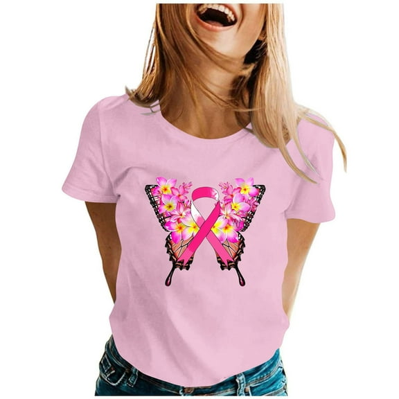 Fartey Breast Cancer Awareness Shirts for Women Loose Fit Short Sleeve Tops Sofy Comfy Cancer Survivor Crew Neck Tshirts Pink Ribbon Graphic Tees Pink S