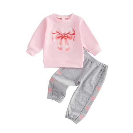 

Suealasg 2Pcs Toddler Girl Fall Winter Outfits Long Sleeve Bow Print Sweatshirt + Long Pants Set 3M 6M 1T 2T 3T Baby Girl Clothes