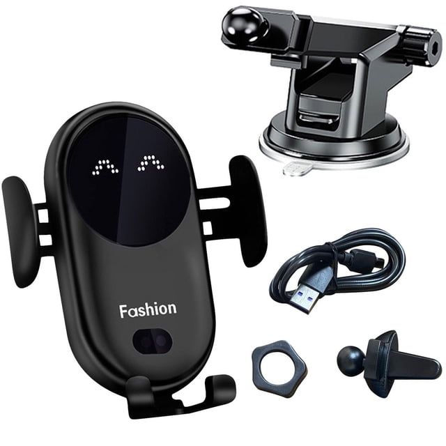 Soporte de teléfono para coche con sensor infrarrojo inteligente | Soporte de carga inalámbrica con sujeción automática | Cargador rápido de 15 W y ventosa para salpicadero o parabrisas