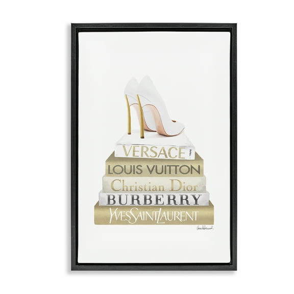 Stupell Industries Gold & White Book Stack Fashion Painting Black Floater Framed Canvas Art Print Wall Art, 17 x 25