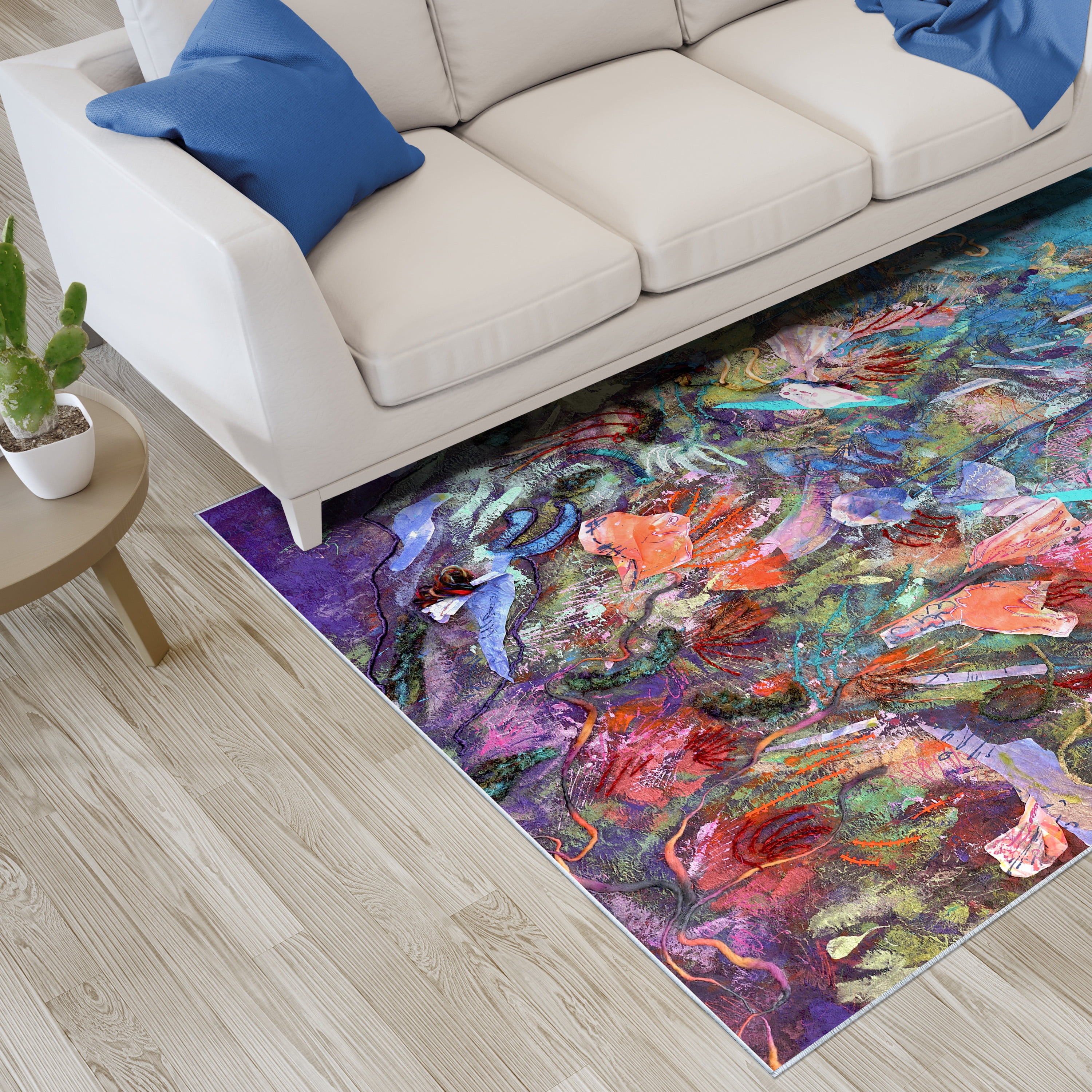 Blue Floral Efflorescence Washable Art Area Rug size 5'x8'