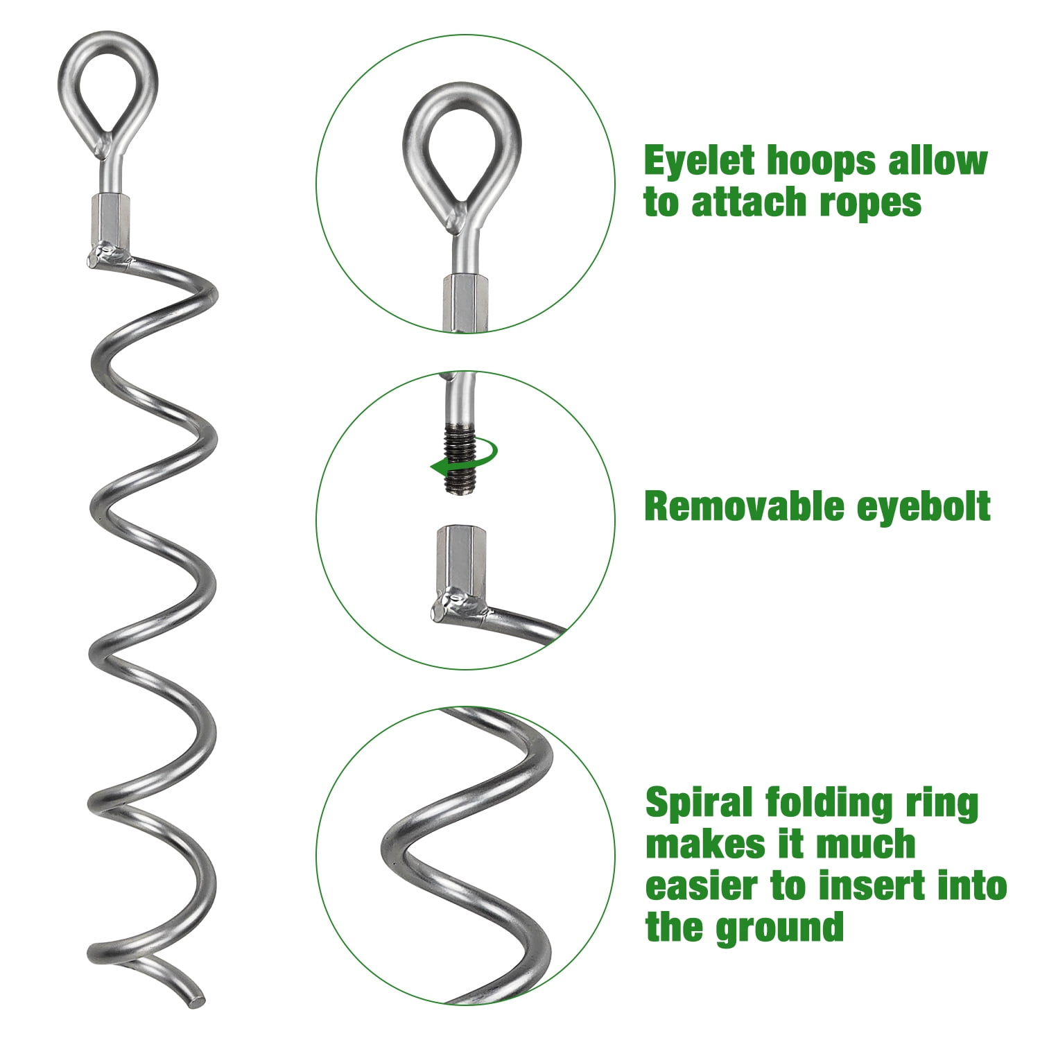 Urban Deco 16.2 Inch Silver Ring Spiral Ground Anchors Metal Ground Stakes Dog Tie Out Stake Spiraling Anchor Trampoline Anchors for Tent, Securing Trampolines, Garden Fence Sheds Swings, 4 Pack