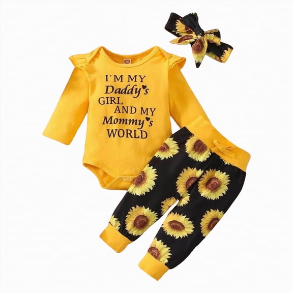 CAICJ98 Newborn Baby Girl Clothes Infant Sunflower Outfit Ruffle Romper Tops Floral Pants Outfit Fall Winter Clothing (Yellow,12-18 Months)