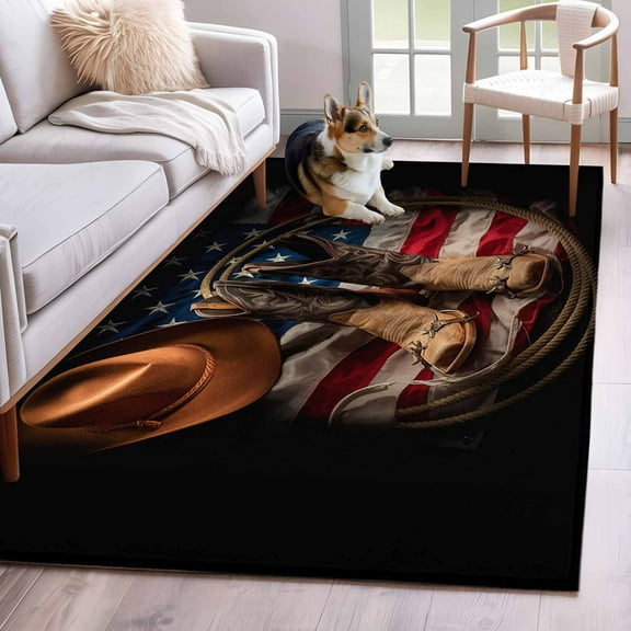 Cowboy Boots Hat Area Rug 3x5 Washable Rug Non Slip American Flag Vintage Artwork Large Area Rug Indoor Floor Carpet for Entryway Bedroom Kitchen Living Room Home Office Dining Room Nursery