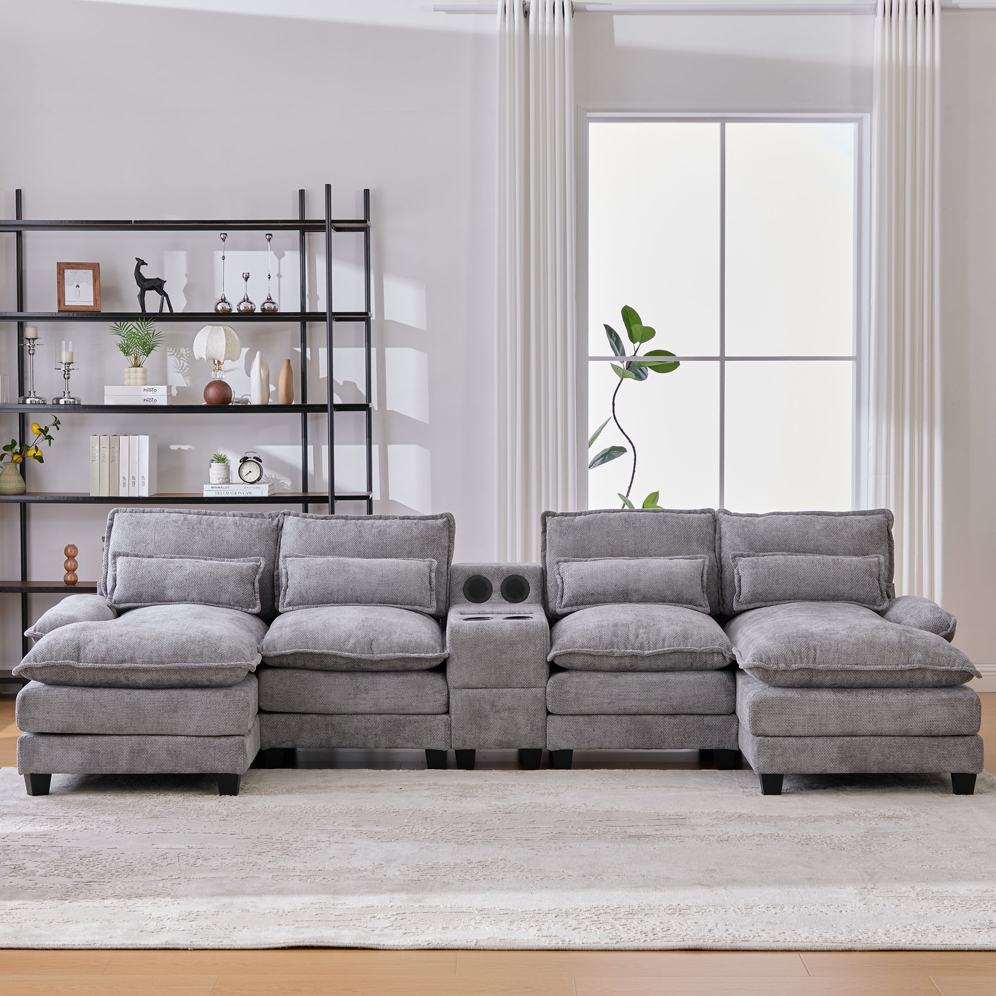 Villeston 126.77" U-Shaped Cloud Sofa With Chaise Lounge, Chenille Sofa With Wireless Charging, Bluetooth Speaker, Two Cup Holders, Storage Drawer, Suitable For Living Room,Gray