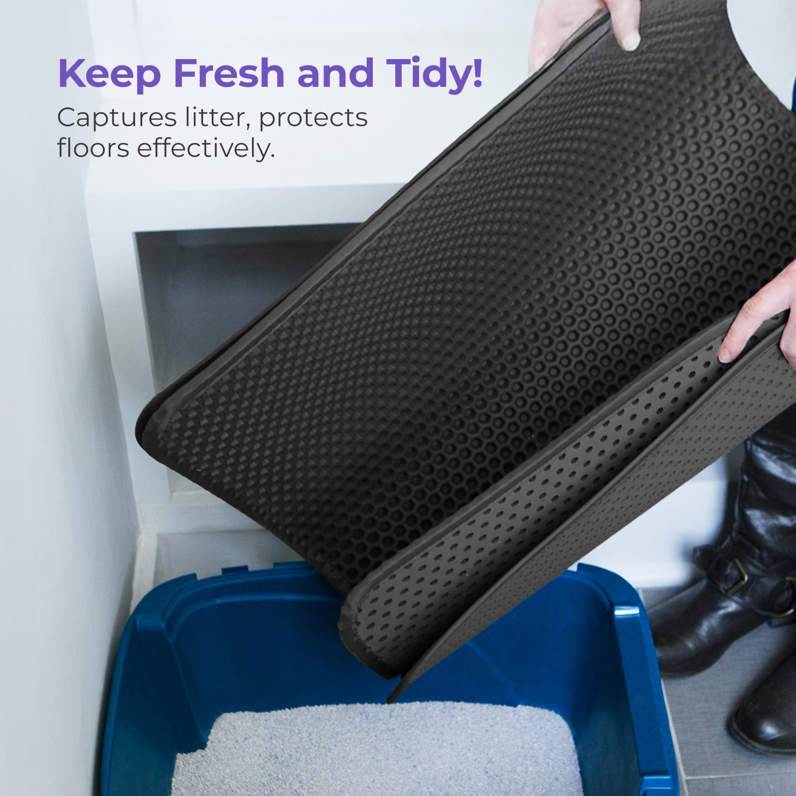 iPrimio Large Cat Litter Trapper Mat with Exclusive Urine/Waterproof Layer - Cat Litter Mat - Larger Holes with Urine Puppy Pad Option for Messy Cats - Soft on Paws and Light - 30" x 23" (Black Color