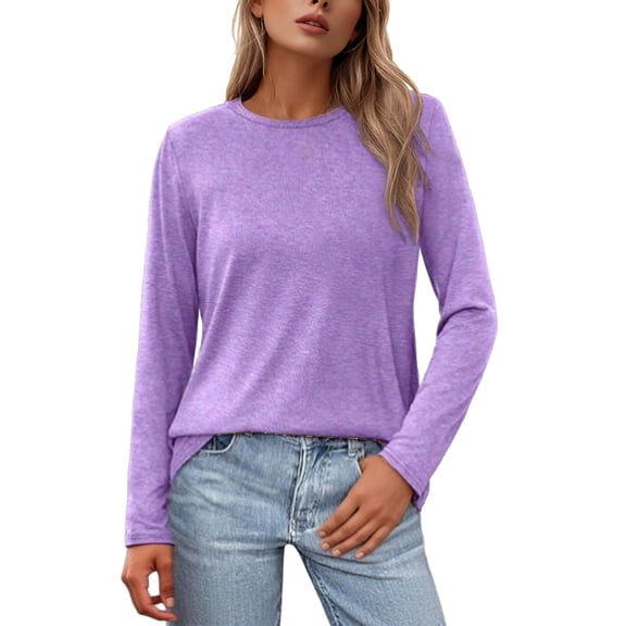 Fgnfyis Summer Tops For Women T Shirt Soft Loose Fit Round Neck Thermal Base Layer Top Winter Comfortable Casual Wear Womens Long Sleeve Tops Purple XL