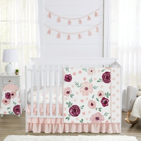 UPC: 0846480085737 | Watercolor Floral Burgundy Wine and Pink 4 Piece Crib Bedding Set by Sweet Jojo Designs