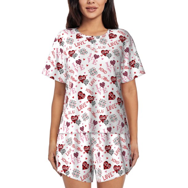 Fotbe Valentine's Day Conjunto de Pijama Estampado para Mujer, 2 Piezas, Ropa de Dormir con Camiseta de Manga Corta y Shorts Suaves-Large