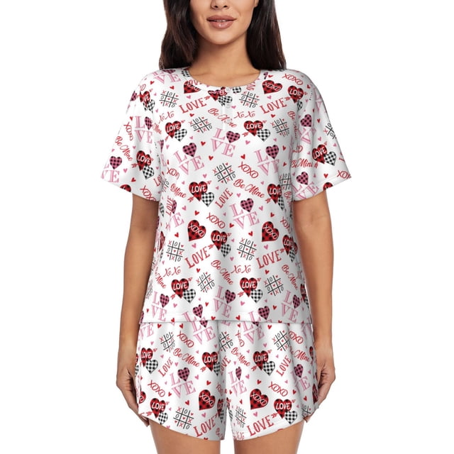 Balery Valentine's Day Conjunto de Pijama para Mujer con Estampado, Dos Piezas de Manga Corta y Shorts, Ropa de Dormir Suave con Cuello Redondo y Bolsillos-Small