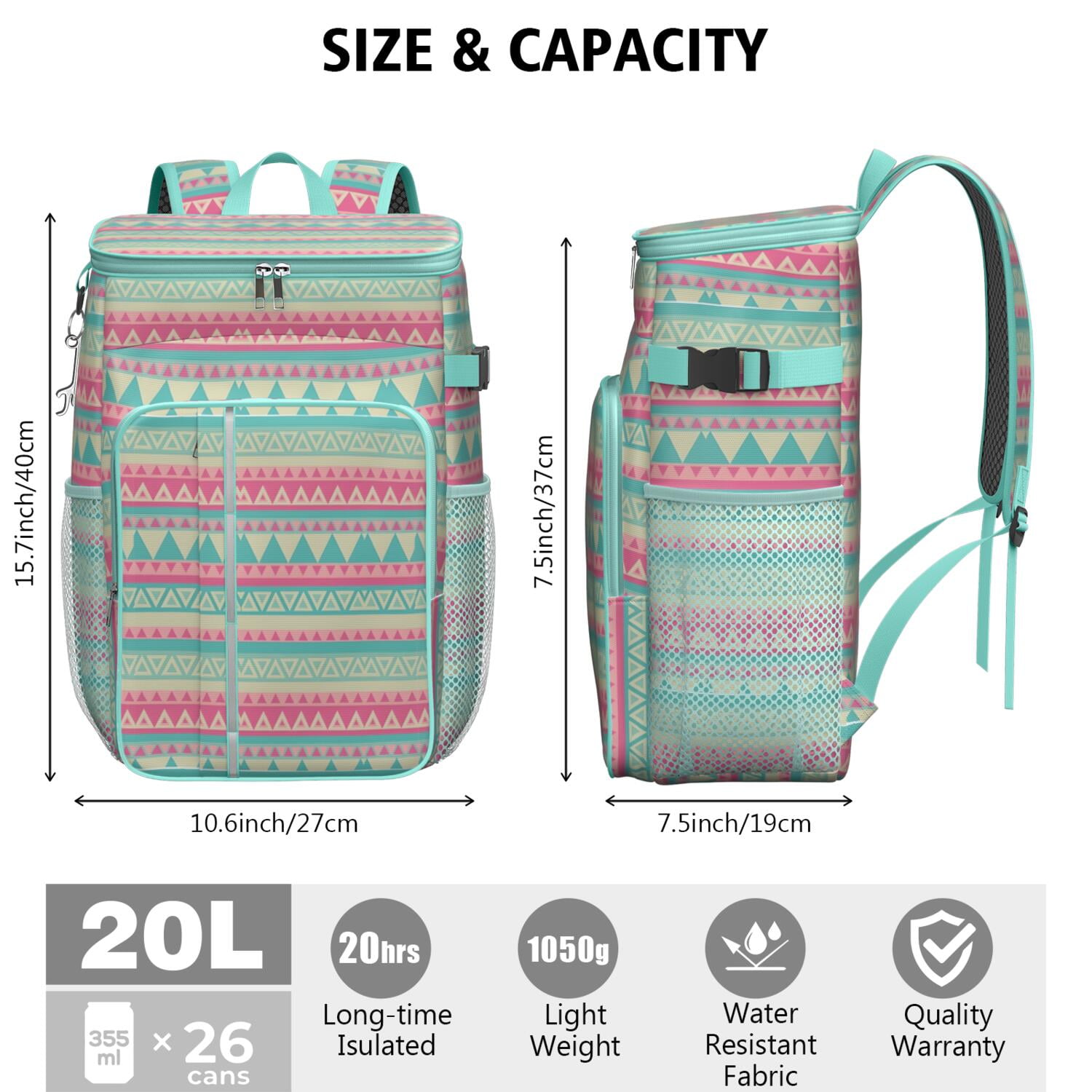 Travel Cooler Bag - Boho Bohemia Pioneer Flower Geometric Line Art Camping Beer Cooler Backpack with Bottle Opener- Waterproof Insulated Picnic Backpacks - Cooler Bag for Beach