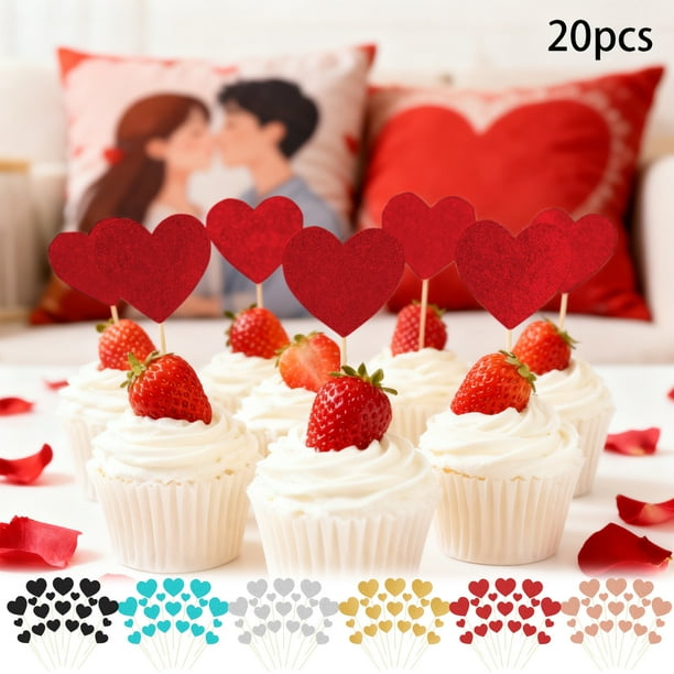 Bandera De Papel 20 Pack Valentines Day Glitter Paper Heart Flag Cake Toppers Black Colors Party Dessert Decoration for Cupcakes and Sandwiches JASKFLY