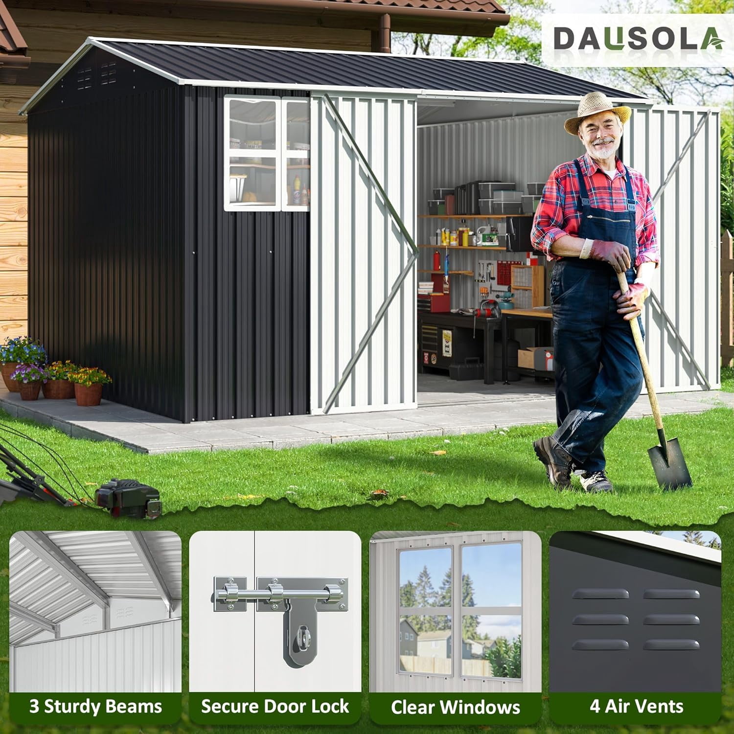 10x10 FT Outdoor Storage Shed, Metal Garden Tool Shed with Updated Frame Structure, Lockable Doors and Windows, Ideal for Backyard Garden Patio Lawn