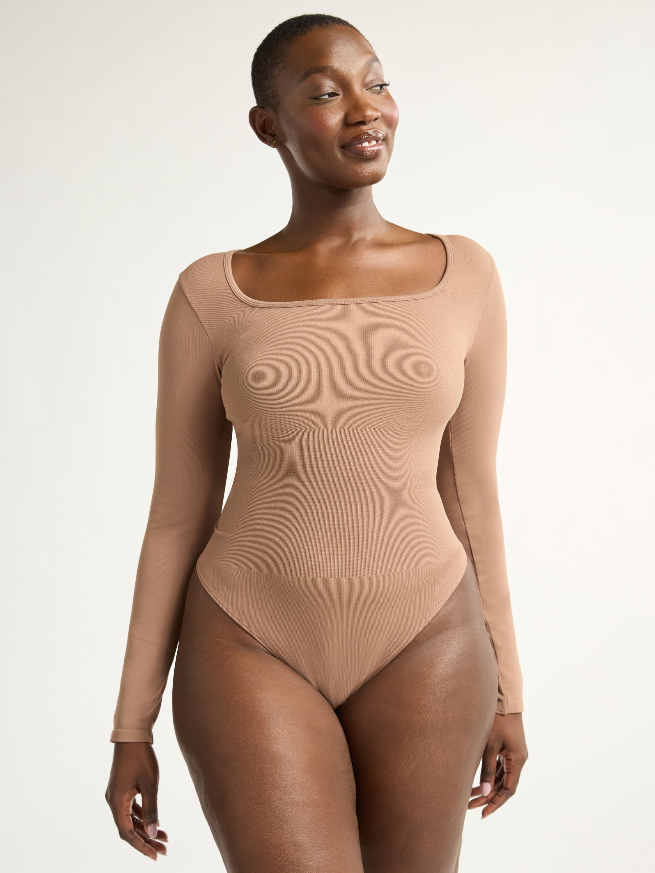 Joyspun Women's Seamless Slimming Square Neck Bodysuit with Long-Sleeves, 2-Pack, Sizes S-XXXL