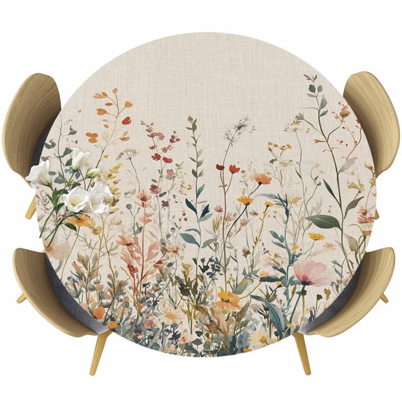 Vintage Botanical Round Tablecloth 55-60 Inch Round Fitted Table Cloth with Elastic Edge, Spring Floral Summer Botanical Rustic Waterproof Table Cover Protector for Outdoor Picnic Party Dining