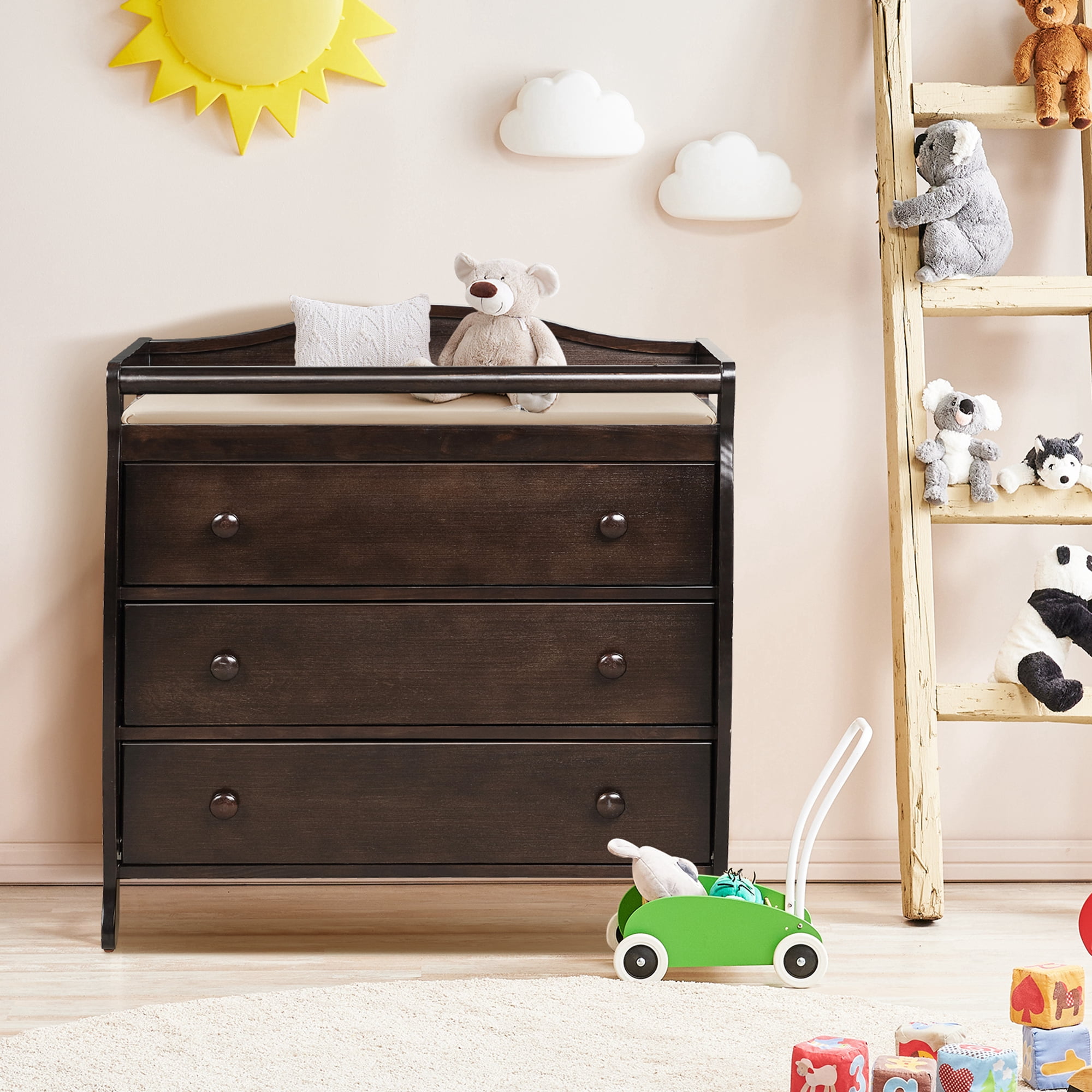 Costway 3 Drawer Baby Changing Table Infant Diaper Changing Station Wood with Safety Belt Brown