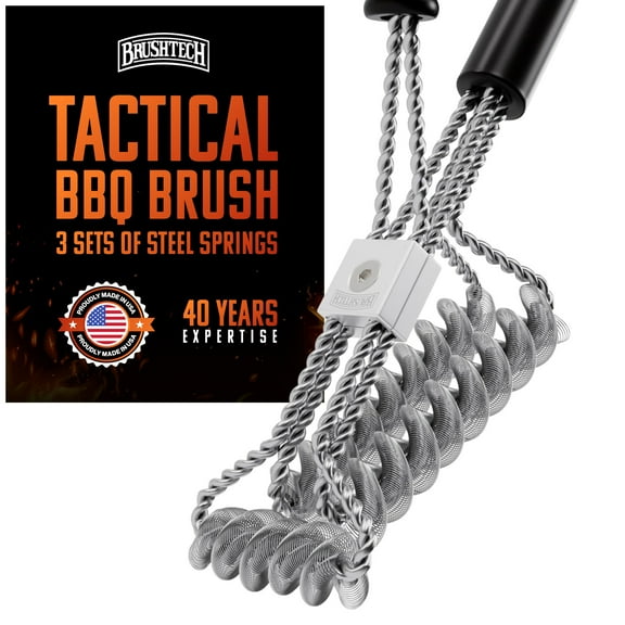 Brushtech Tactical Safety Grill Brush - Heavy-Duty BBQ Grill Cleaning Brush with Stainless Steel Springs, Large Handle for Deep Cleaning - Great Father's Day Gift, Made in USA