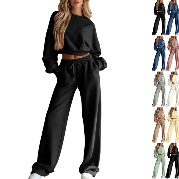 Sweatsuits Women 2 Piece Outfit 2026 Solid Drawstring Wide Leg Sweatpants Crew Neck Long Sleeve Cropped Tracksuit Black L