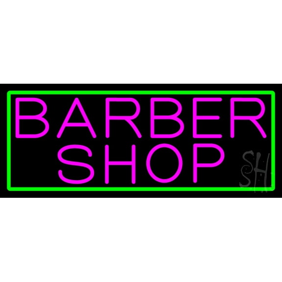 Pink Barber Shop With Green Border LED Neon Sign 10 x 24 - inches, Black Square Cut Acrylic Backing, with Dimmer - Bright and Premium built indoor LED Neon Sign for Defence Force.