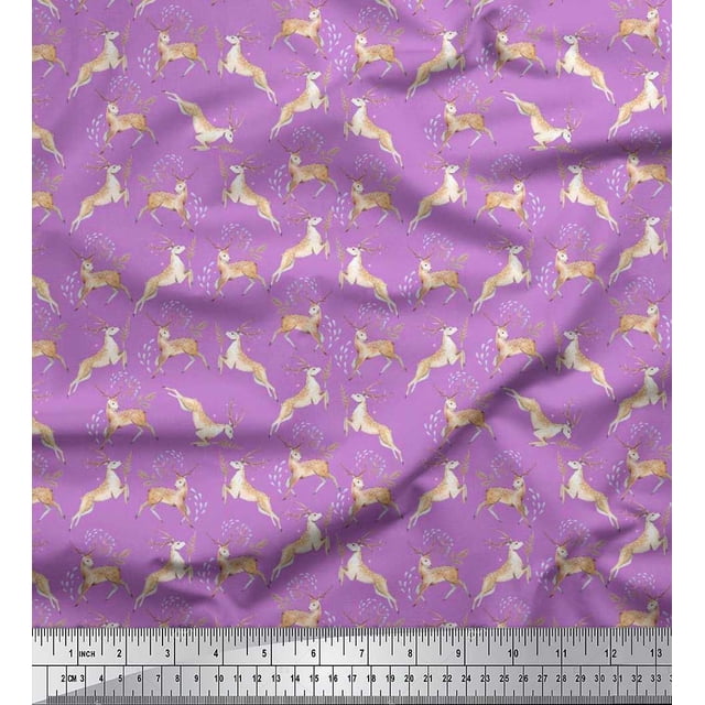 Soimoi Velvet Fabric Leaves & Reindeer Animal Print Fabric by the Yard 58 Inch Wide