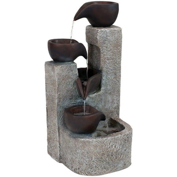 Sunnydaze Aged Tiered Vessels Sculptural Gray Polyresin Solar Fountain with Battery